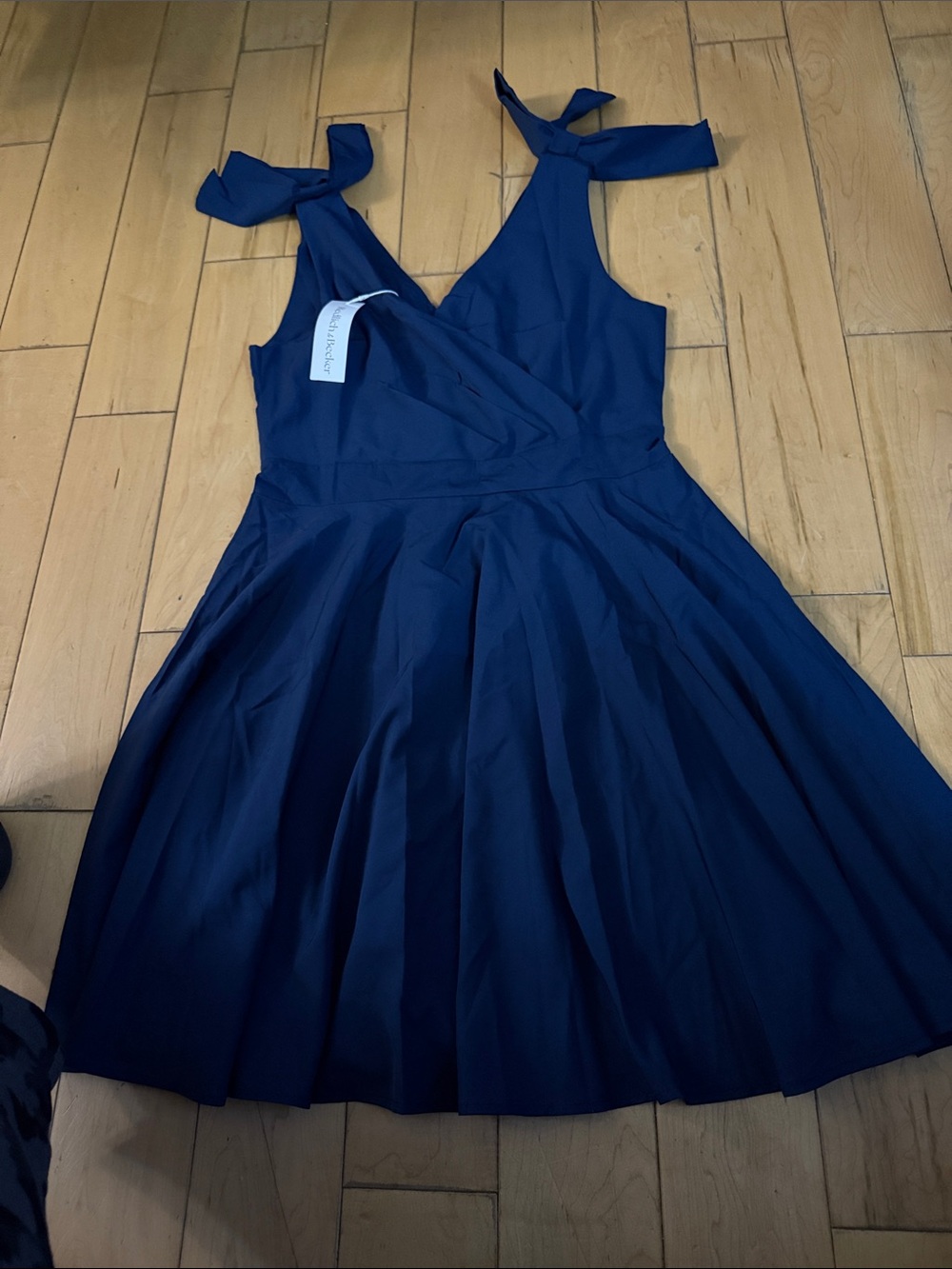 Tie-Shoulder Navy Midi Dress with Flared Skirt